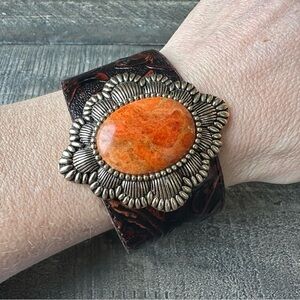 Vintage Barse Tooled Leather and Agate Cuff Bracelet